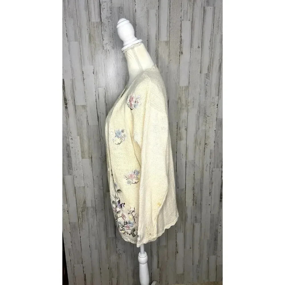 Vintage 80s Crystal Kobe Floral Embroidered Knit Cardigan Beige Women's‎ Medium - Picture 5 of 7